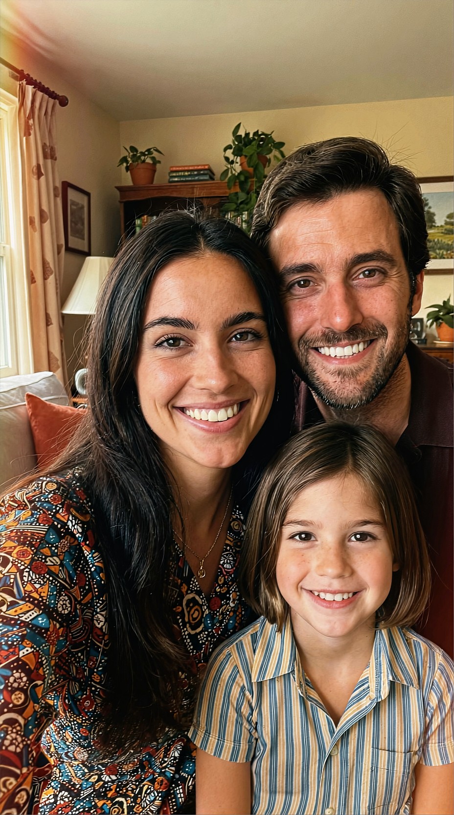 Smiling woman, man and child posed close together in a warm living room with a plant, bookshelf and framed painting; everyone's face is sharp, teeth even, striped child's shirt and patterned blouse clearly rendered