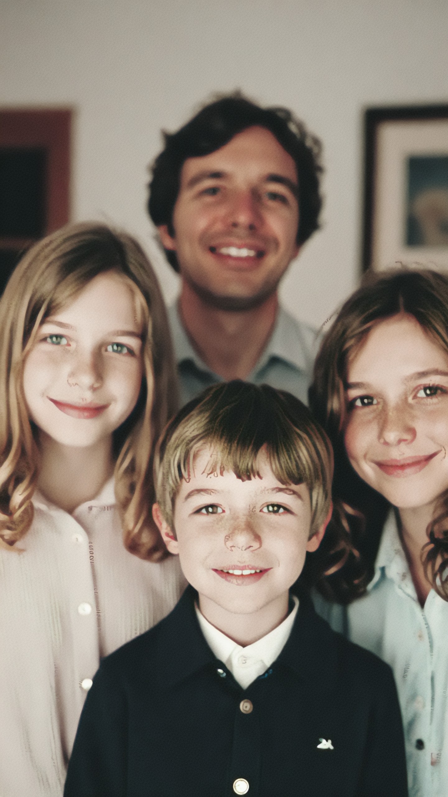 Four-person family portrait in a soft warm color cast: a man in back, two girls and a boy in front; the man's face is out of focus, thin squiggly line artifacts appear on the boy's nose and forehead and on the girls' noses, and small garbled glyphs are printed on the girls' blouses