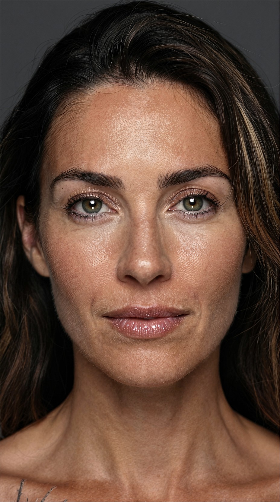 Front-facing close-up of a woman with dark highlighted hair on a dark gray backdrop; visible pores on cheeks and nose, freckles, fine lines around the eyes and mouth, faint neck lines, a thin branch-like mark at the bottom-left of the chest