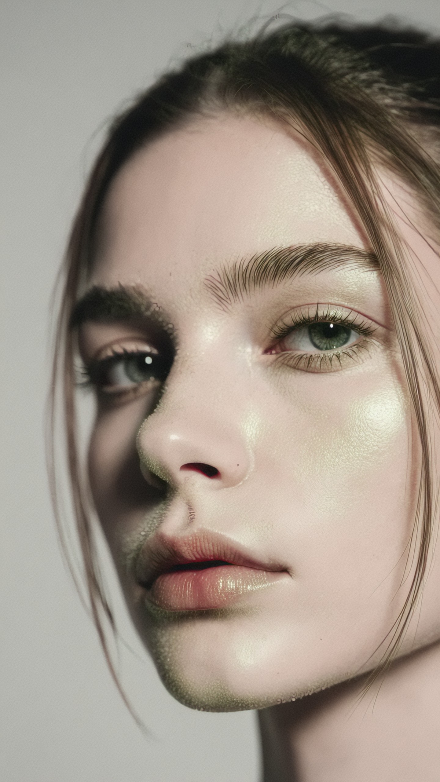 Extreme close-up of a young woman's face in a gray studio; glossy highlights on the cheeks, a granular, scale-like texture and olive-green tint along the nose, chin and jaw, fine eyelashes and individual eyebrow hairs