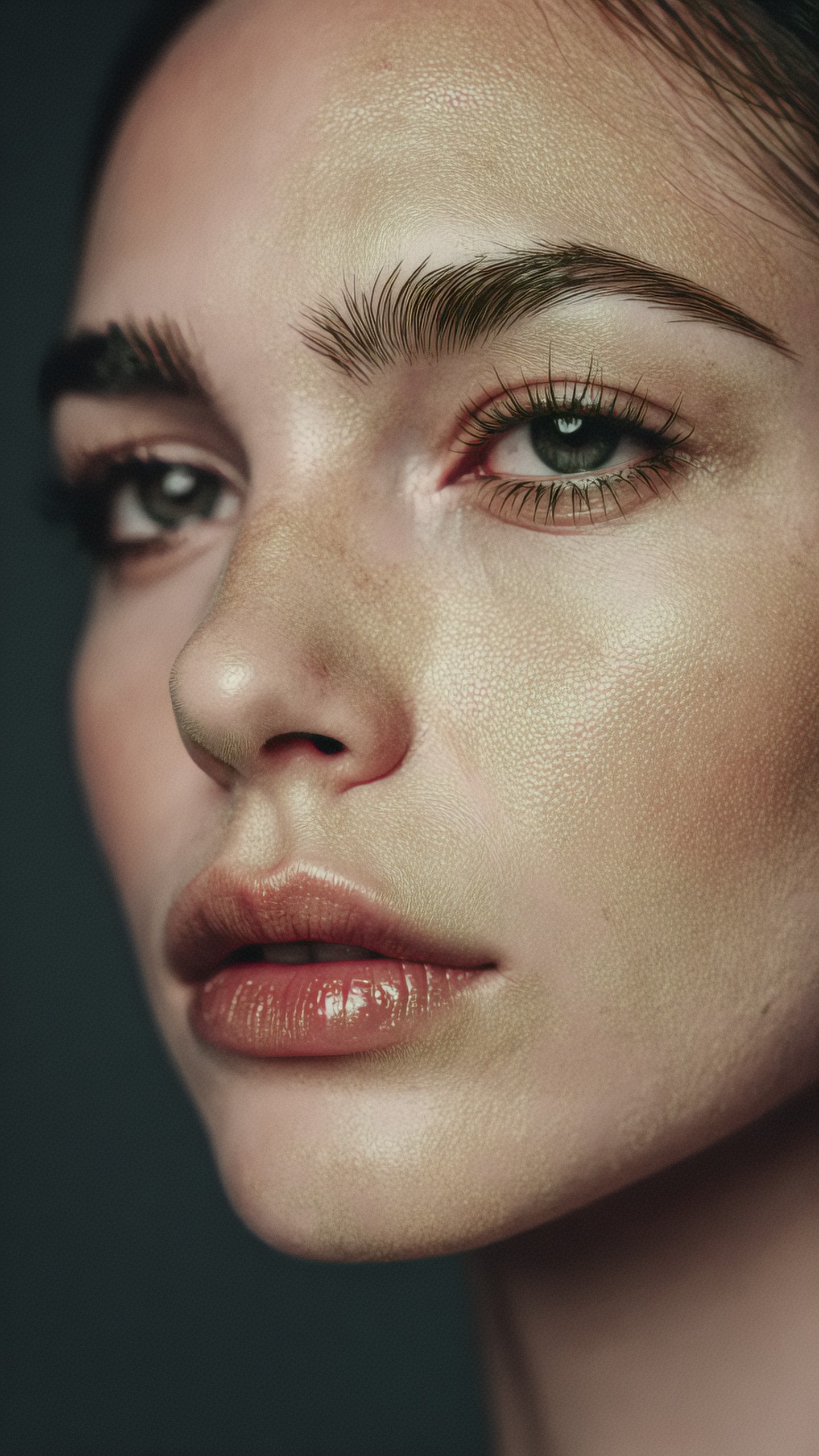 Extreme close-up of a woman's face against a dark gray backdrop, with glossy lips, sharp catchlights in the eyes and a uniform pebbled texture across the cheeks and forehead