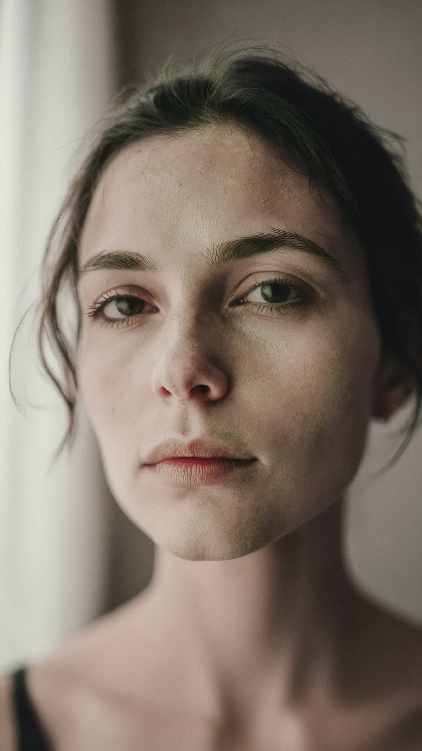 Tight portrait of a dark-haired woman with a closed mouth and a blurred curtain behind her; the right cheek, forehead and chin carry olive-yellow patches with a fine scaly pattern