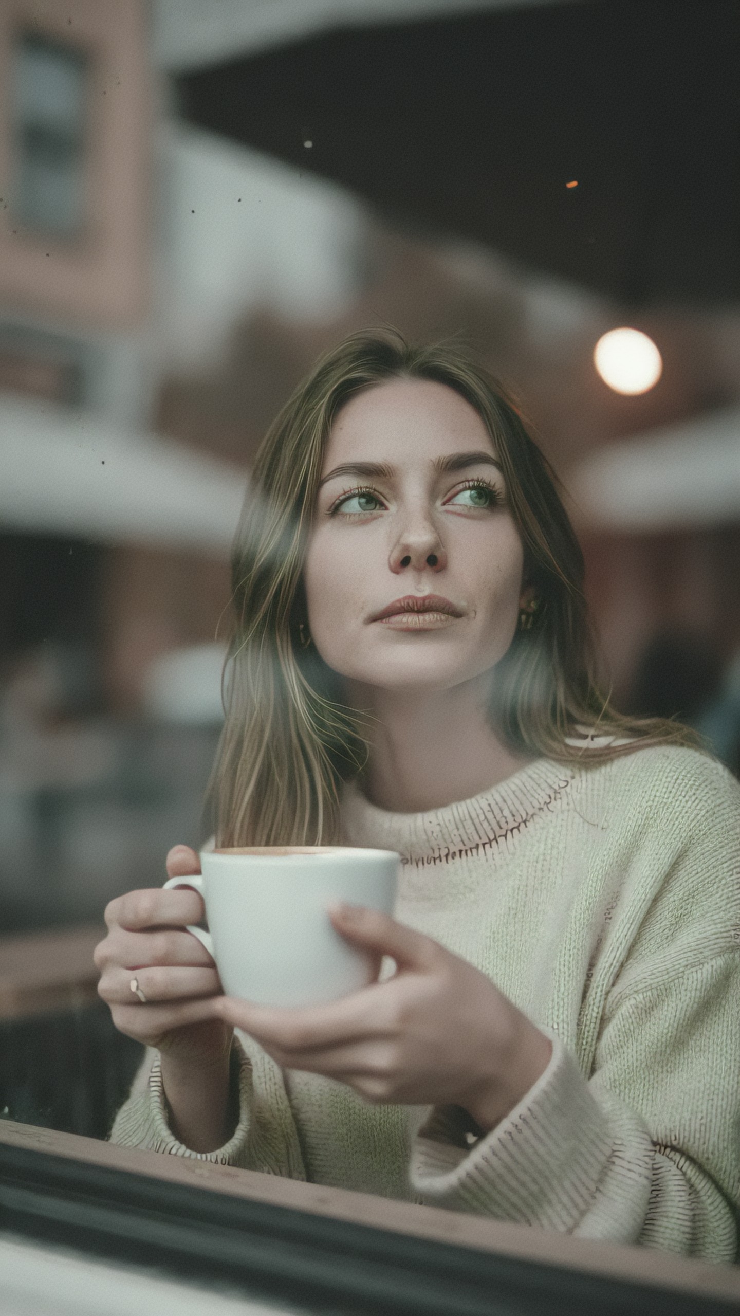 Woman in a cream knit sweater looking up and away while holding a white cup with both hands, photographed through a window with hazy reflections across her hair and a warm bokeh light behind her