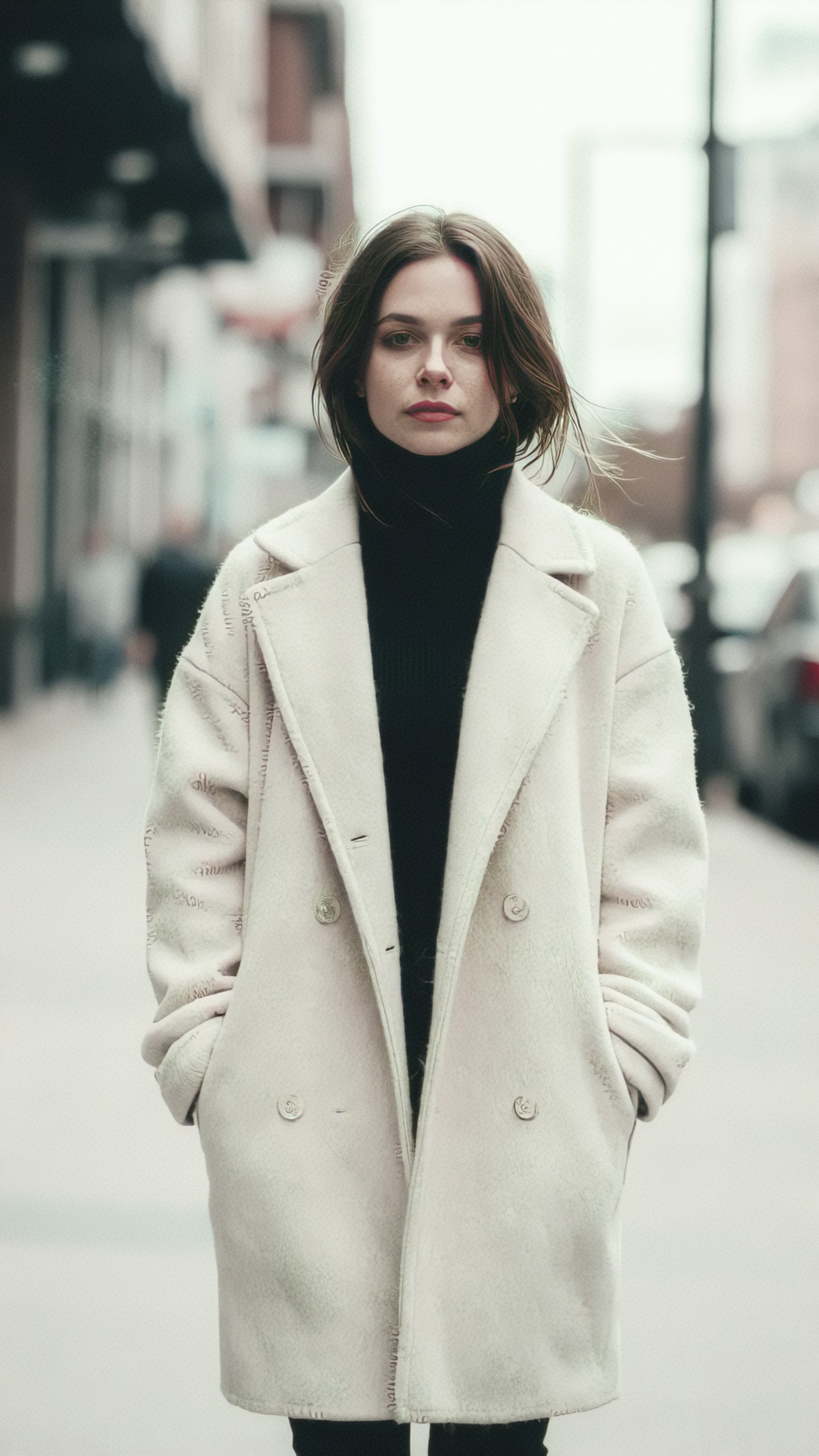 Full-length woman in an oversized cream double-breasted coat and black turtleneck on a blurred city sidewalk, with hands in pockets; the coat sleeves and lapels are covered with faint scribble-like marks