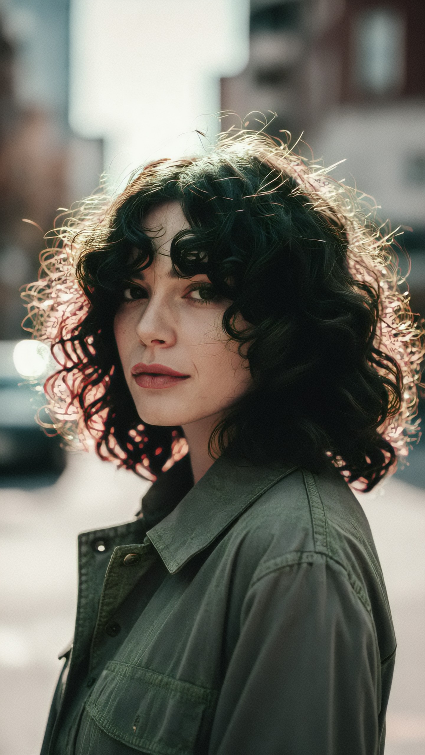 Woman with shoulder-length black curls turned toward the camera on a blurred street, strands glowing gold and pink in backlight, wearing a dark olive jacket with a stitched collar and chest pocket
