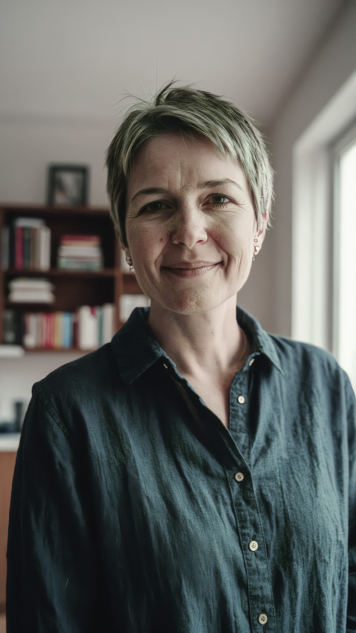 Smiling woman with a short gray-streaked cropped haircut, visible forehead lines and freckles, wearing a wrinkled navy button shirt, with a bookshelf and window blurred behind her