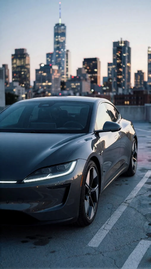 Graphite Sports Car Rooftop At Dusk With LEDs
