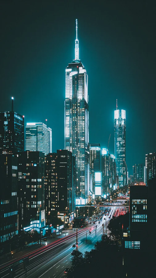 Neon City Skyline With Reflective Streets