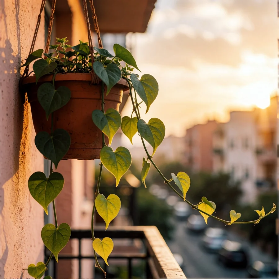 Sunlit Balcony With Terracotta Hanging Planter