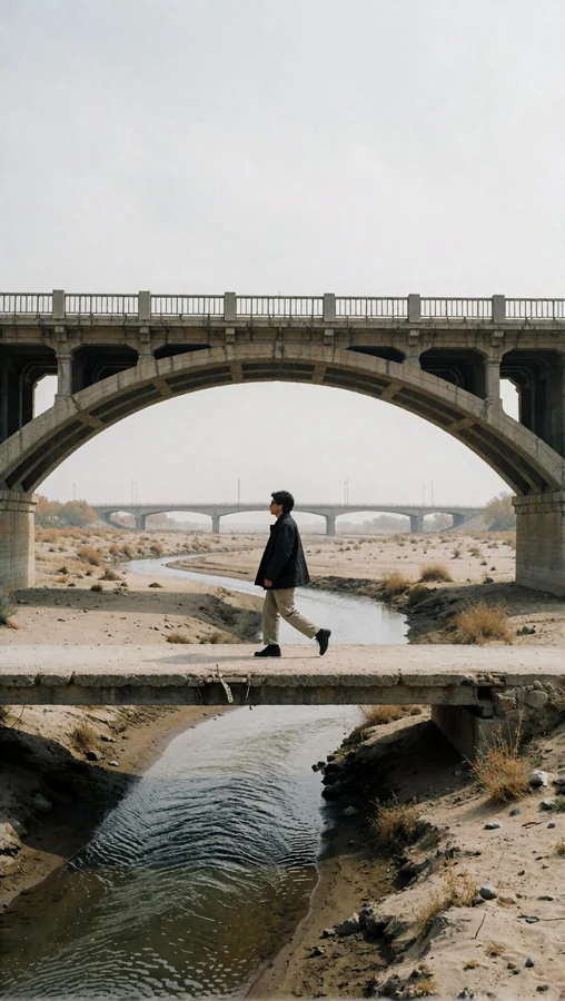 Solitary Man Crossing Weathered Concrete Bridge
