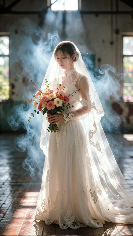 Veiled Bride In Sunlit Warehouse