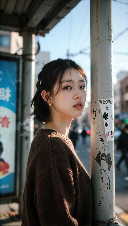 Yuna By Weathered Pole In Sunlight