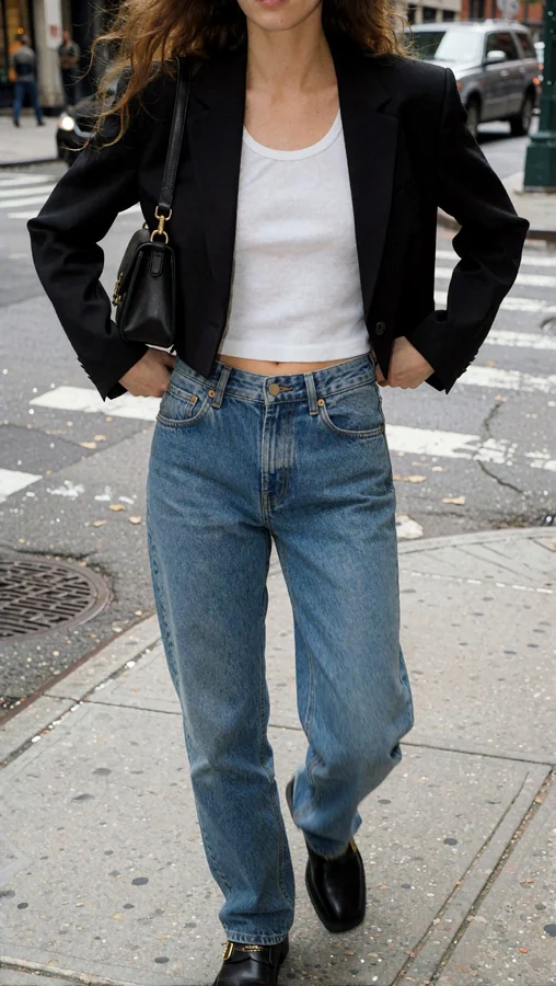 Cropped Blazer And Denim On Sidewalk