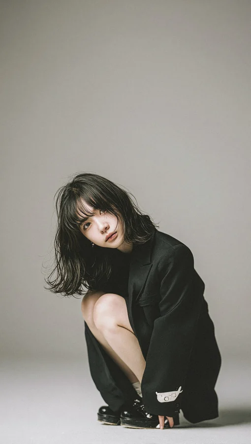 Crouching Woman With Intense Gaze