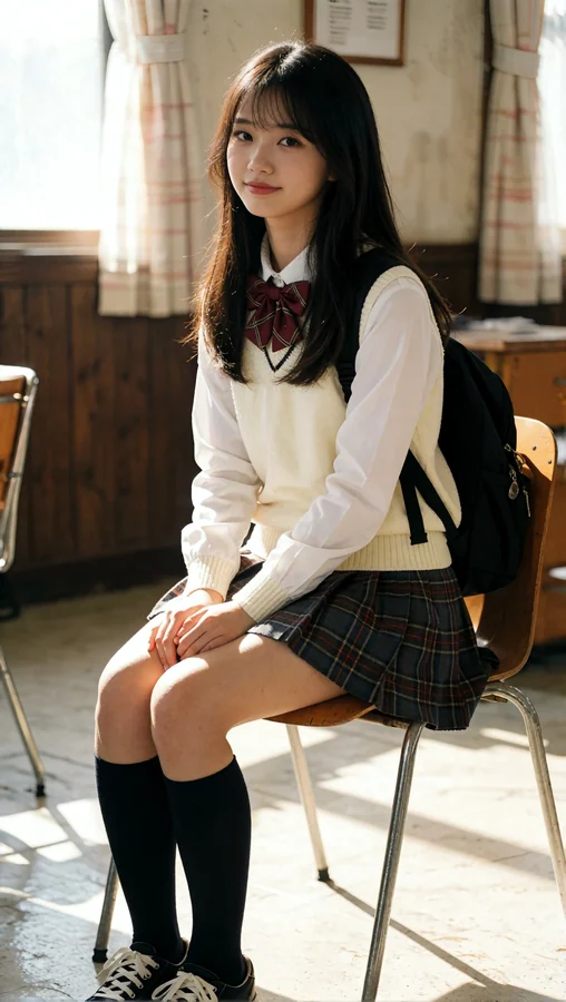 Young Woman In Sunlit Vintage Classroom