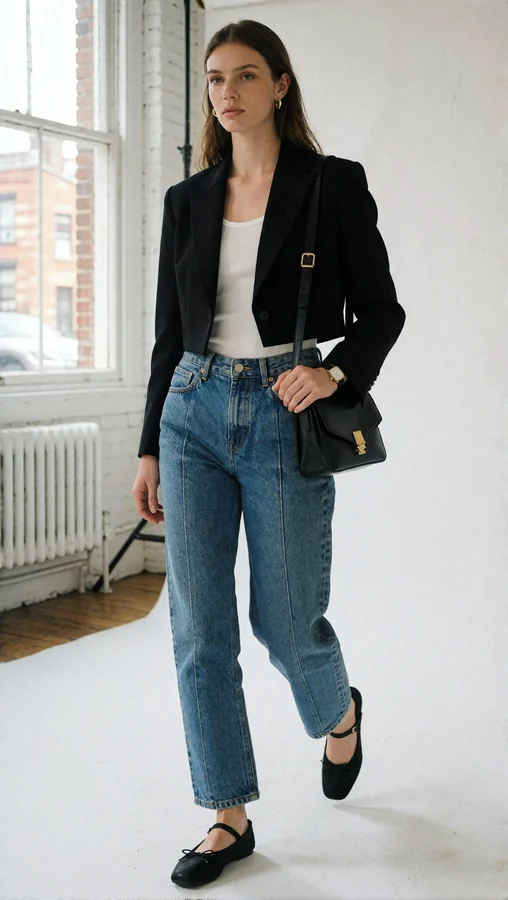 Cropped Blazer And Ballet Flats In Sunlit Studio