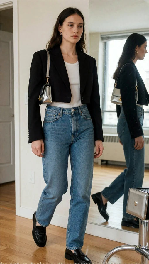 Cropped Blazer Straight Jeans And Loafers