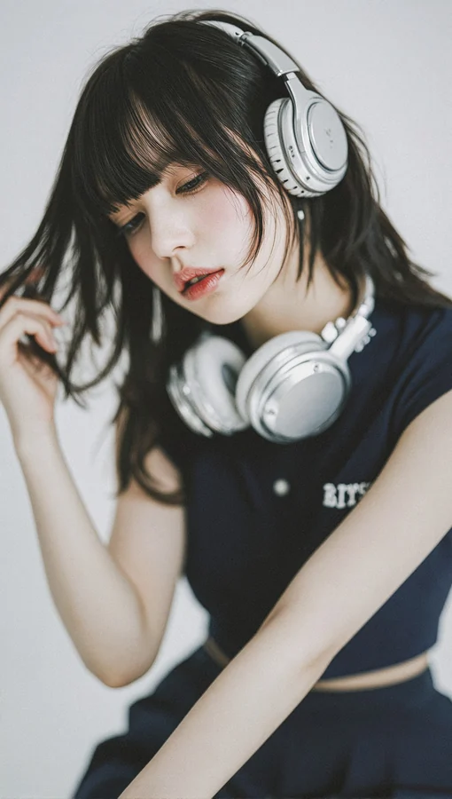 Contemplative Woman Wearing Silver Headphones