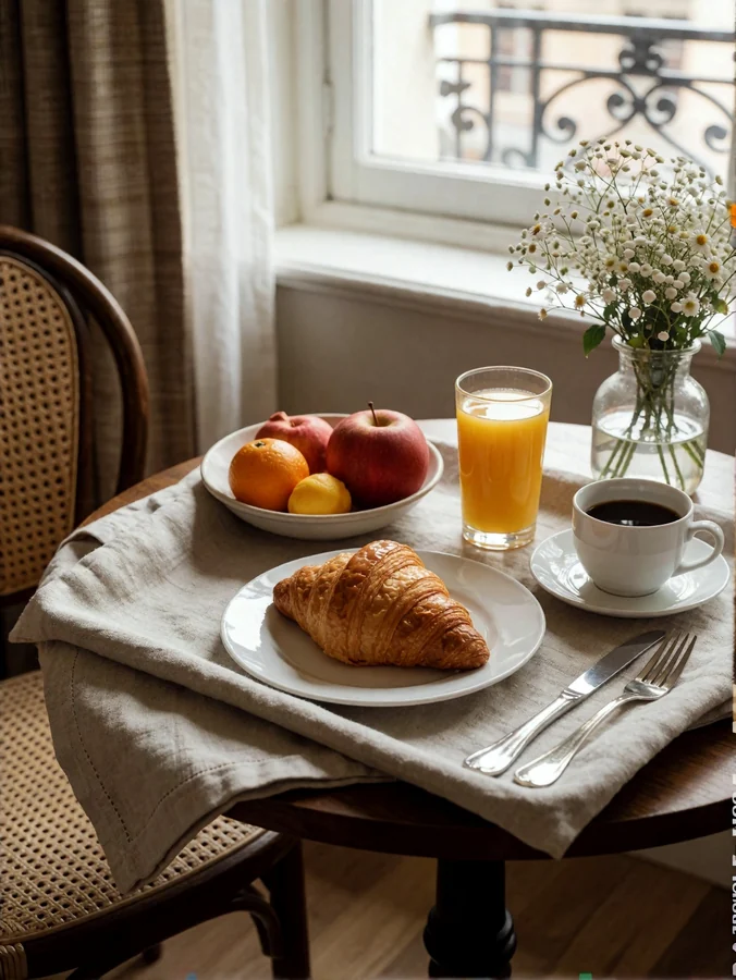 Sunlit Breakfast Table With Croissant