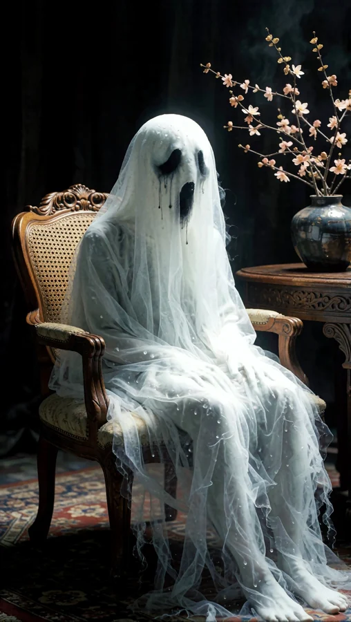 Veiled Spirit On Ornate Armchair With Blossoms
