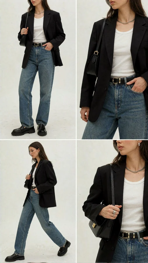 Young Woman In Black Blazer And Denim