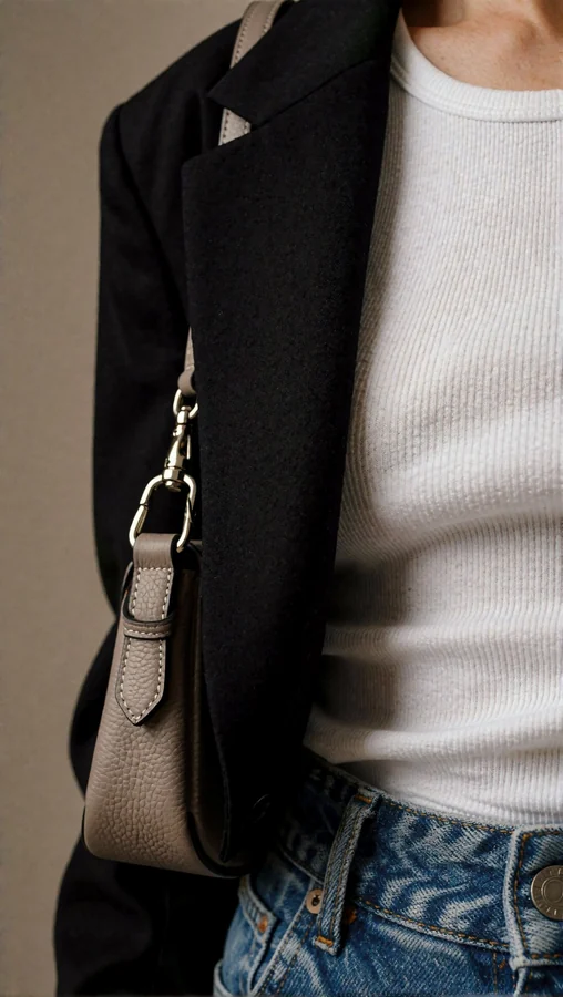 Cropped Blazer Over Ribbed Tank With Taupe Bag