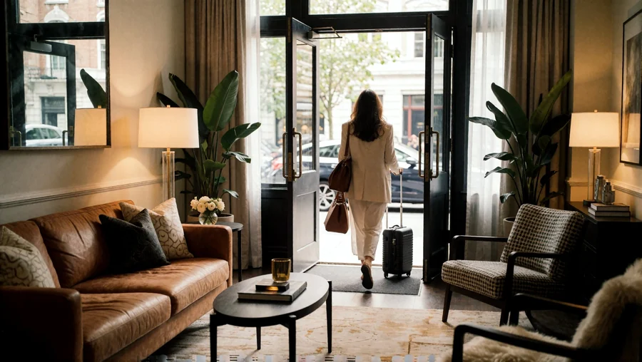 Woman Walking Through Sunlit Hotel Lobby