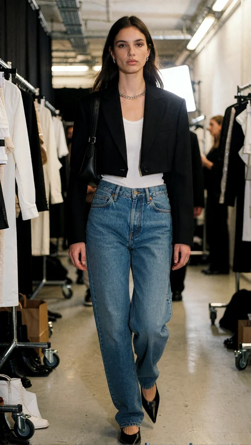 Cropped Blazer And Denim Backstage Walk