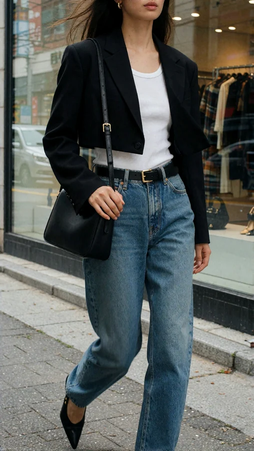 Striding Model In Cropped Blazer And Denim