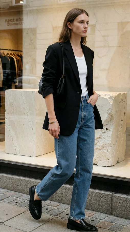 Young Woman In Black Blazer Beside Storefront Window