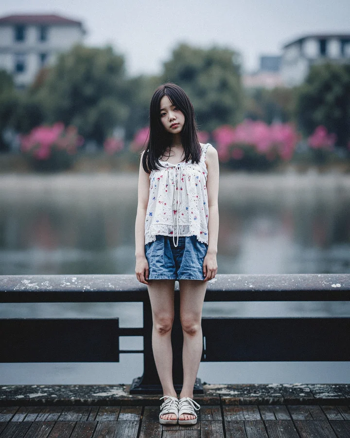 Young Woman On Bridge In Overcast Light