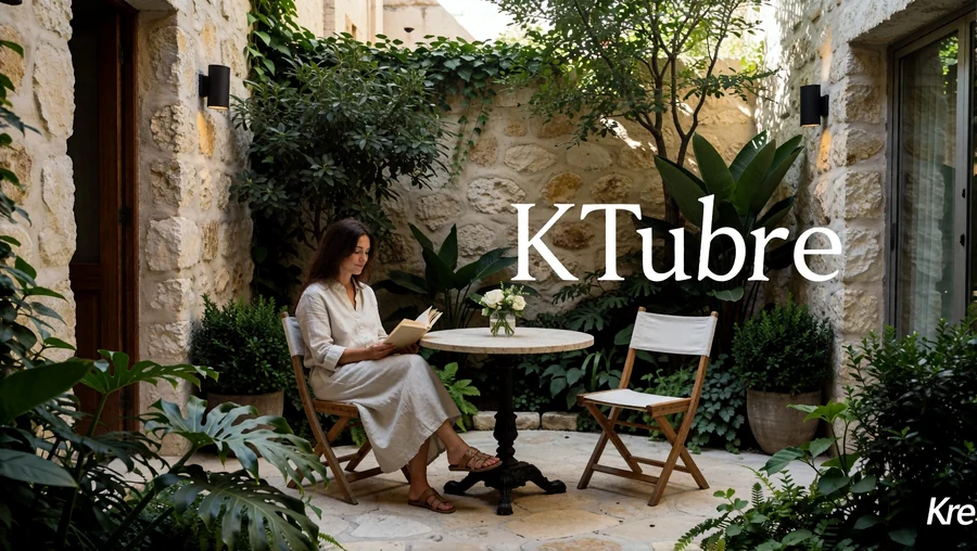 Woman In Linen Dress Reading In Courtyard