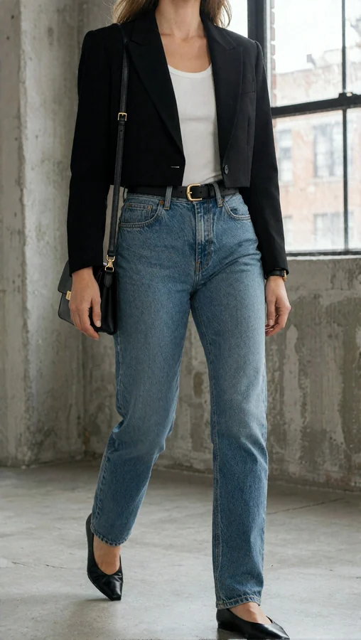 Cropped Black Blazer With Straight Jeans