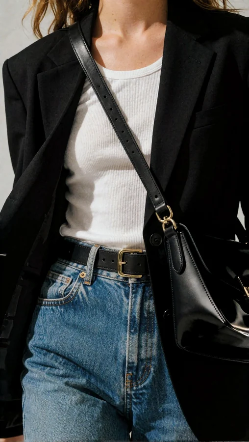 Black Blazer Over White Ribbed Tank With Bag
