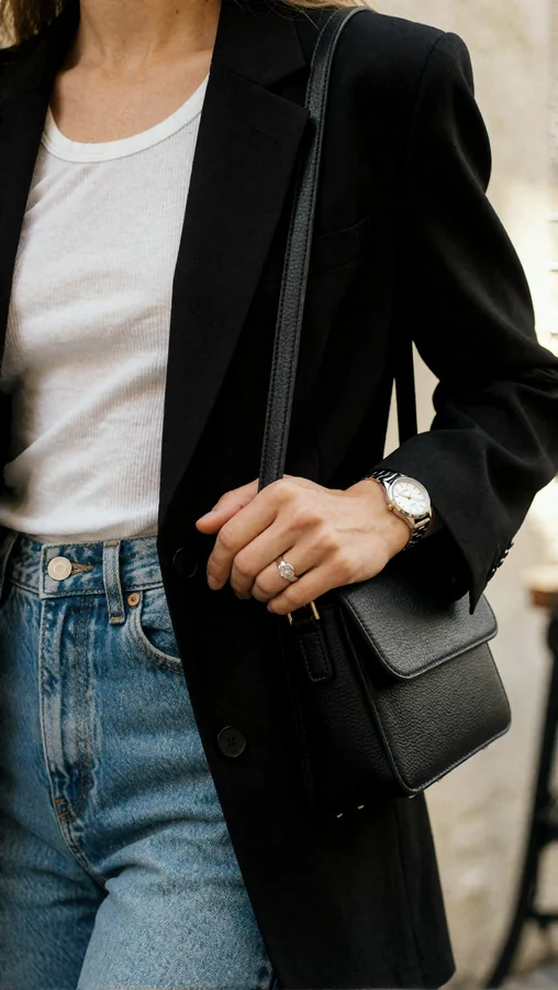 Black Blazer With Crossbody Leather Bag