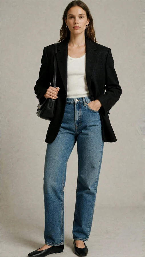 Woman In Cropped Blazer And Jeans