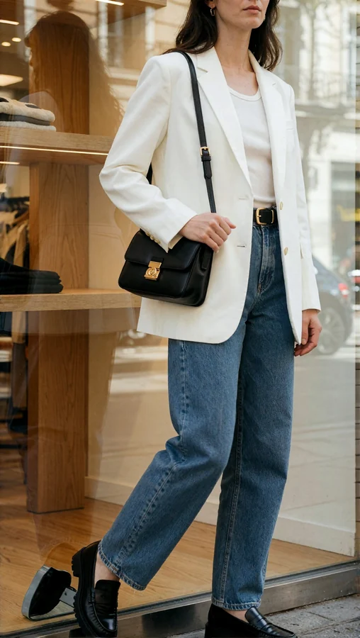 Storefront Woman In White Blazer And Jeans
