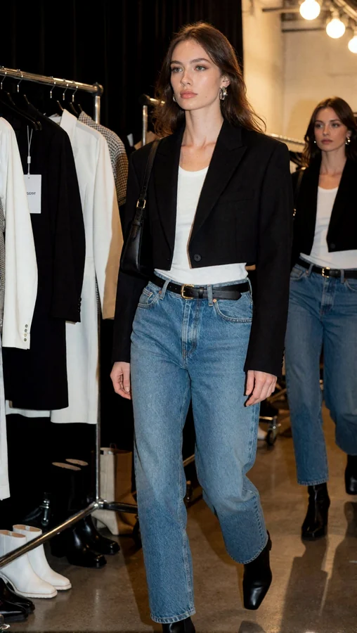 Model Walking Backstage In Cropped Blazer And Denim