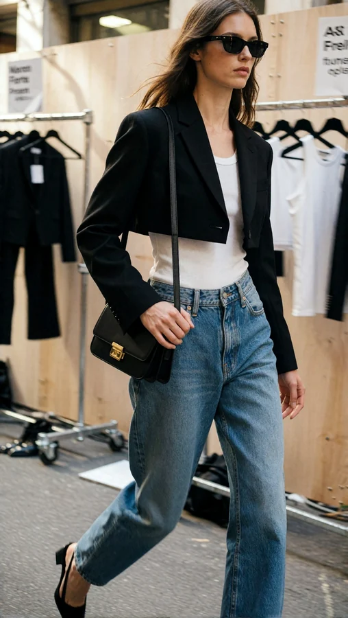 Young Woman In Cropped Blazer And Denim