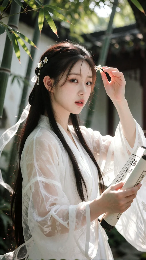 Hanfu Woman With Scroll In Dappled Sunlight