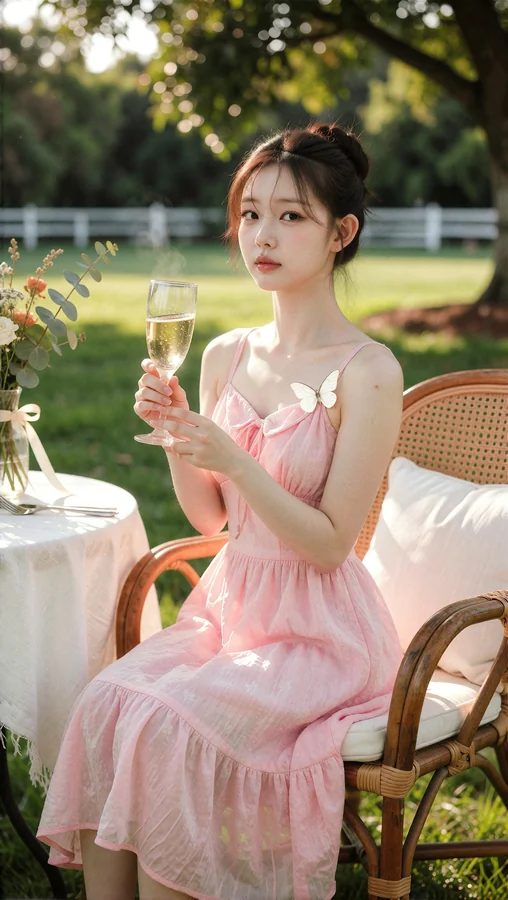 Yuna Holding Champagne Flute On Rattan Bench