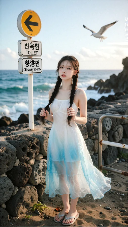 Woman With Braids On Rocky Shore