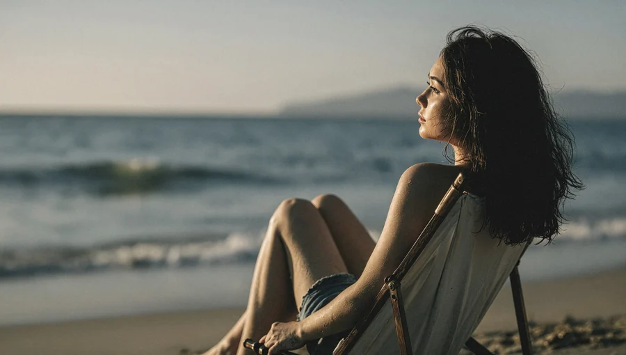 Young Woman In White Beach Chair At Sunset