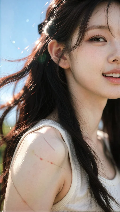 Yuna Smiling Under Sunlit Blue Sky