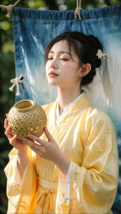 Yuna With Bamboo Lantern And Indigo Banner