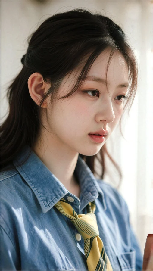Pensive Woman In Denim And Tie