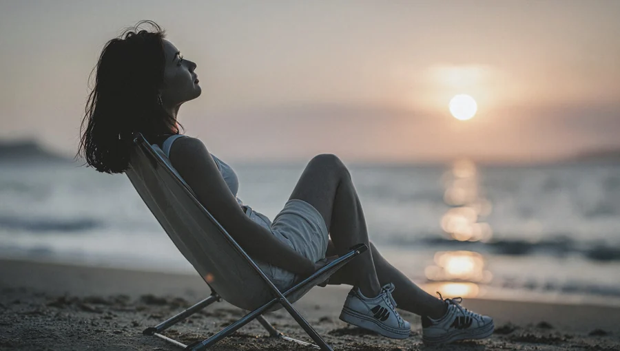 Backlit Woman In Beach Chair At Sunset