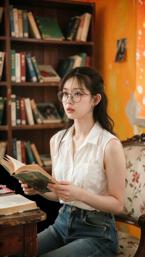 Woman With Round Glasses In Sunlit Study