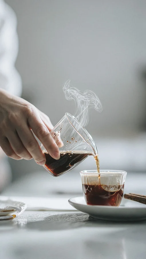 Hand Pouring Coffee Beside Wooden Chopsticks