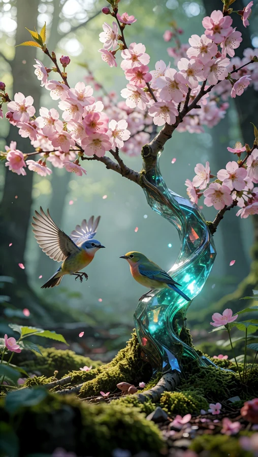 Iridescent Trunk And Cherry Blossom Birds
